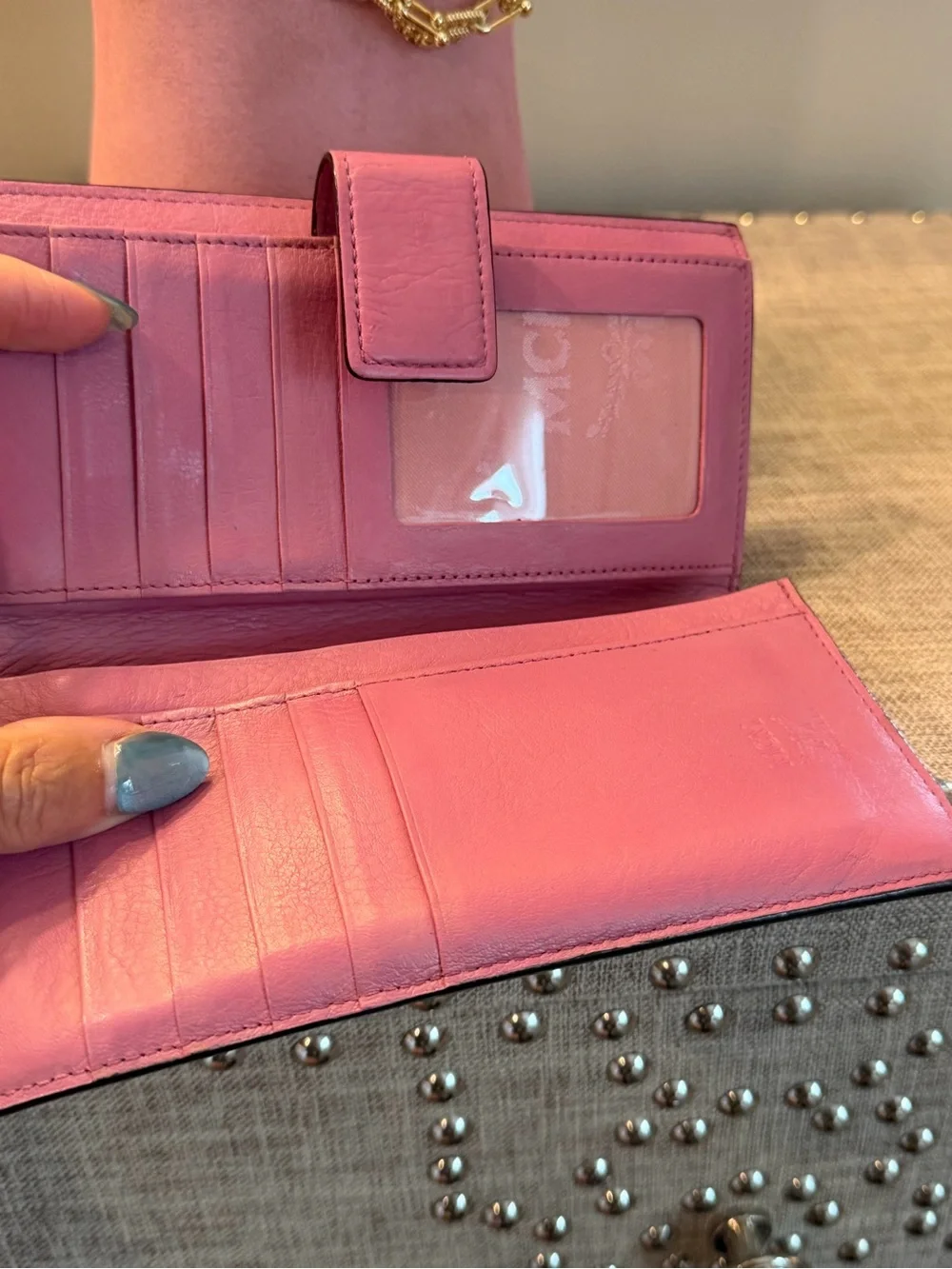 MCM EUC Pink Leather & Visetos Continental Wallet w Gold Hardware
